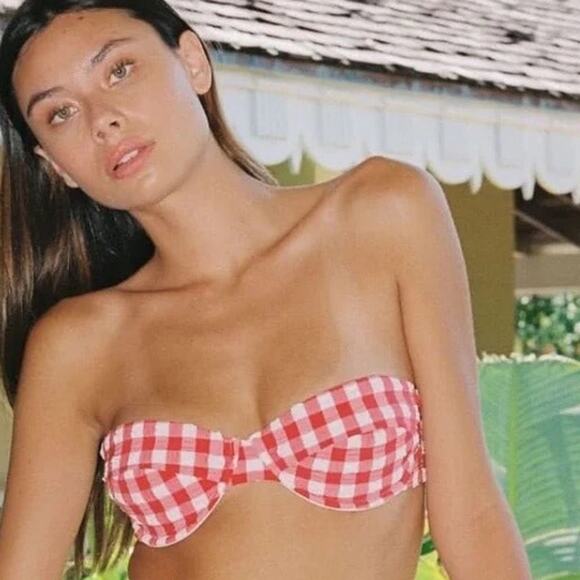 Montce Red Gingham Bustier Bikini Top Size Large NWOT $152 Pinup Retro Bra Crop - Picture 5 of 16